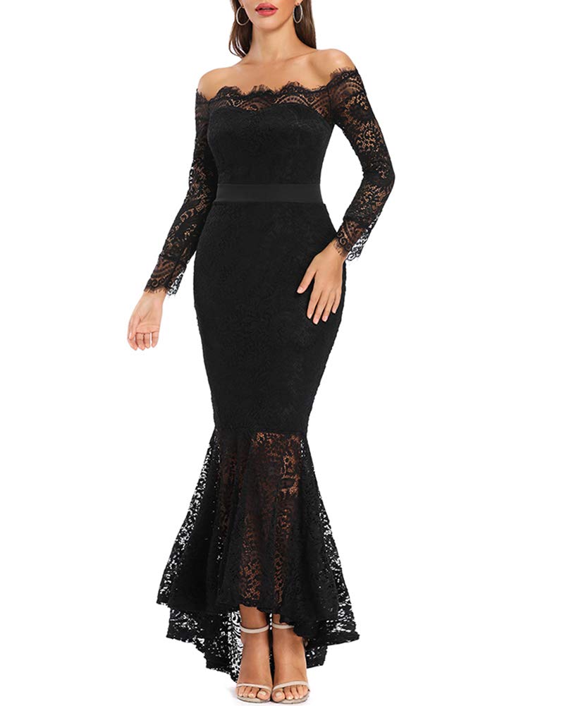 LALAGEN Women's Floral Lace Long Sleeve Off Shoulder Wedding Mermaid Dress Black XL - Image 1